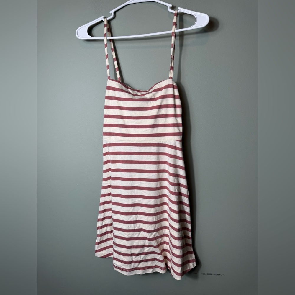 ASOS DESIGN mini strappy sundress with tie back in cream and rose stripe Size 6